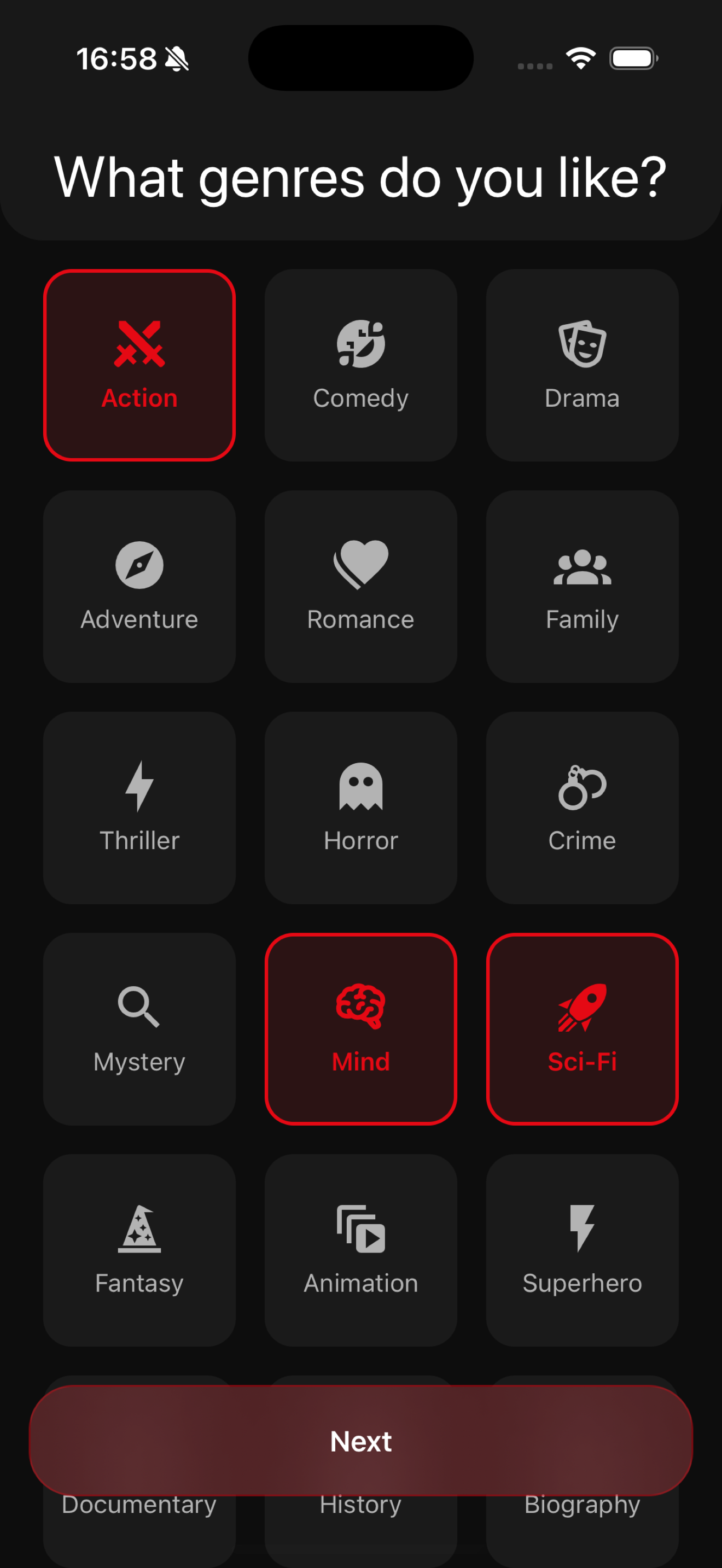 Movier — Genre selection
